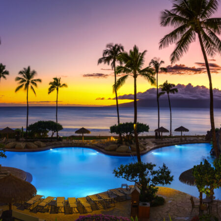 Tropical resort with sunset