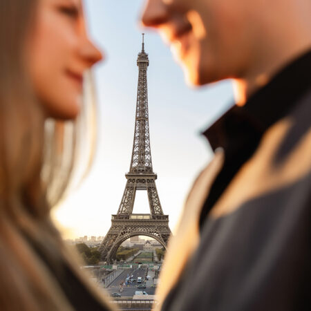 Love in Paris. Marriage proposal, romantic date near the Eiffel tower, honeymoon in France