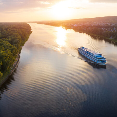 Panorama of the cruise ship moving on the river of Volga towards Samara city in Russia