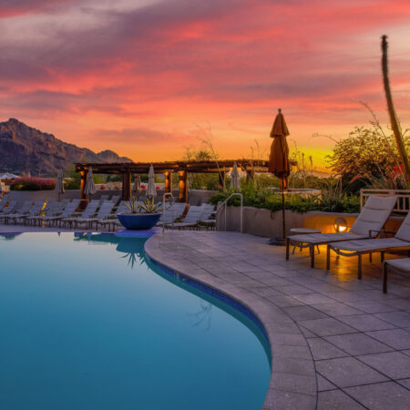 Arizona resort with pool during sunset