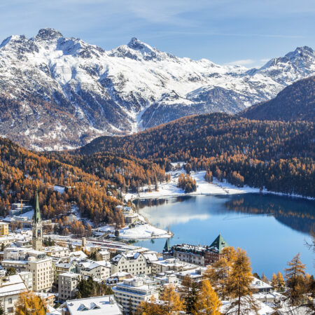 View of St. Moritz, the famouse resort region for winter sprot, from the high hill