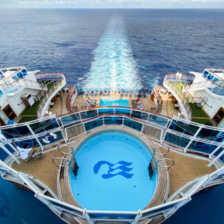 Emerald Princess Cruise ship. Aft (rear) of ship with pools on t