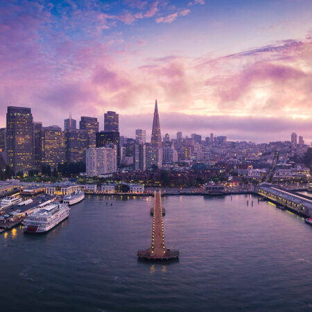 Aerial Panoramic Cityscape View of San Francisco at Sunset with City Lights, California, USA